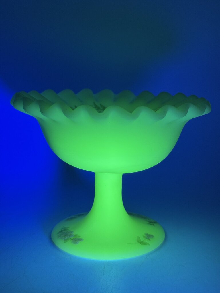 Fenton Custard Uranium Glass Pedestal Dish Ruffles Hand Painted Signed /ro