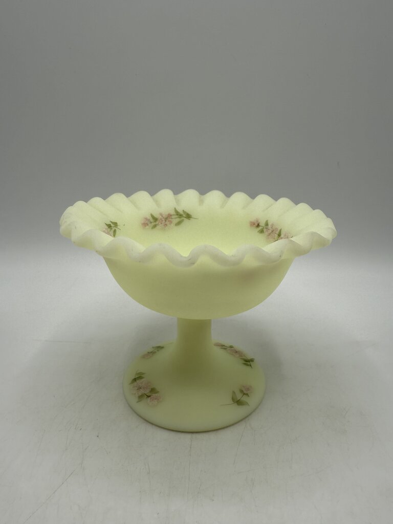 Fenton Custard Uranium Glass Pedestal Dish Ruffles Hand Painted Signed /ro