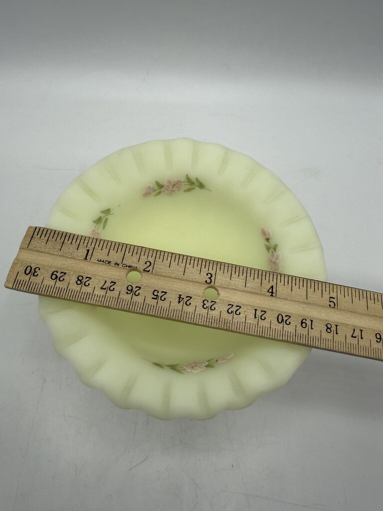 Fenton Custard Uranium Glass Pedestal Dish Ruffles Hand Painted Signed /ro