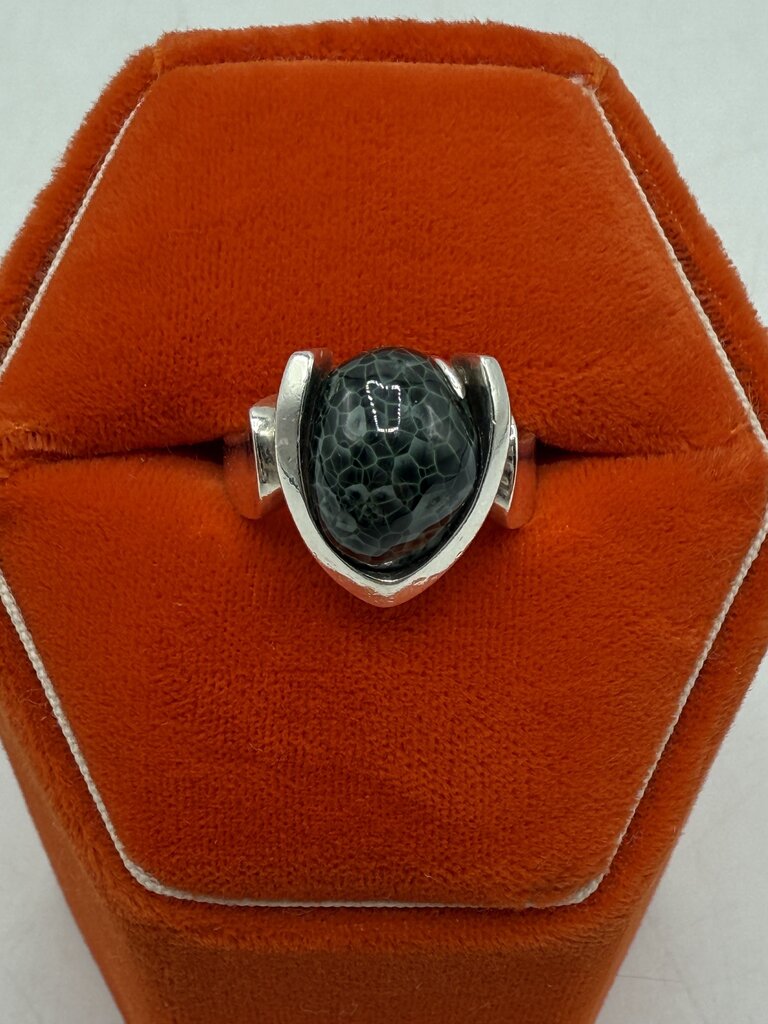 Sterling Silver Michigan Greenstone Cabochon Ring Size 9.25 /ro