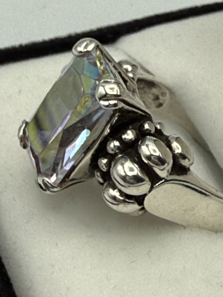 Stunning Emerald Cut Mystic Topaz Sterling Silver Ring Size 9.25 /ro
