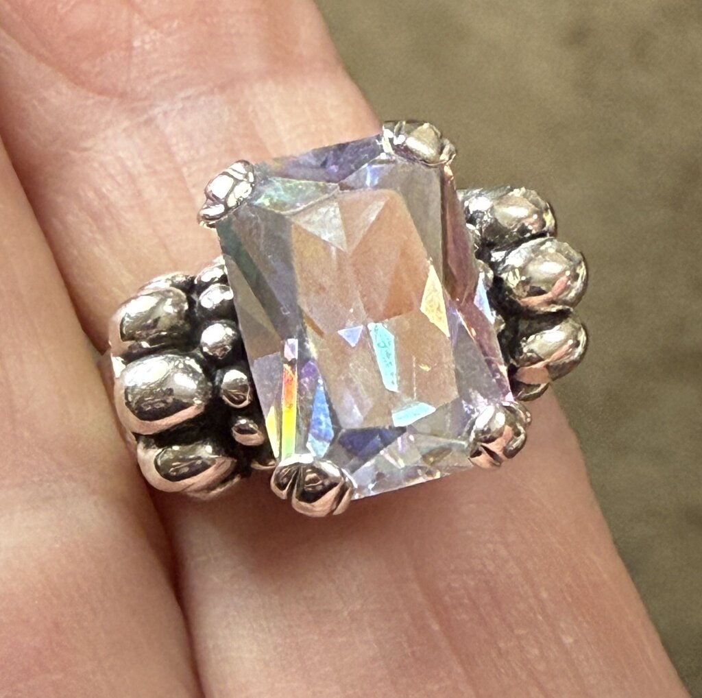 Stunning Emerald Cut Mystic Topaz Sterling Silver Ring Size 9.25 /ro