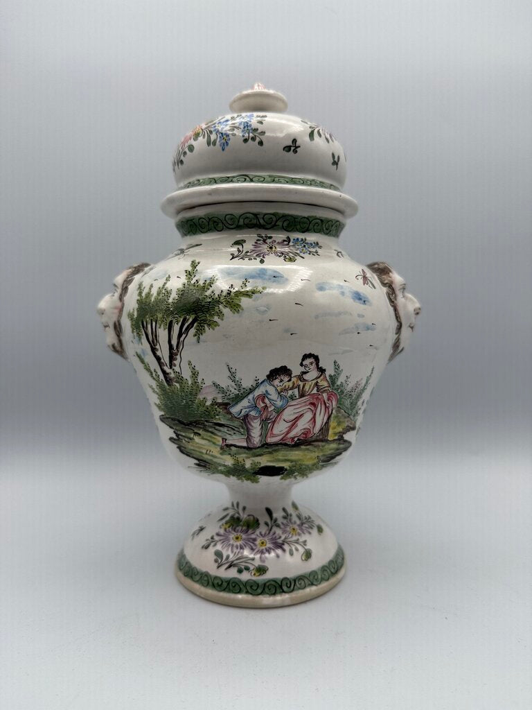 VTG Hand Painted Ceramic Urn w/Lid Victorian Theme 9” /ro