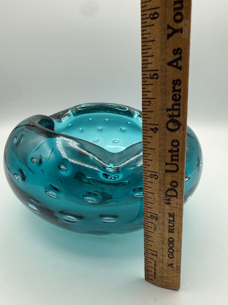 VTG Murano Art Glass Ashtray Teal Blue Bowl Controlled Bubbles /ro
