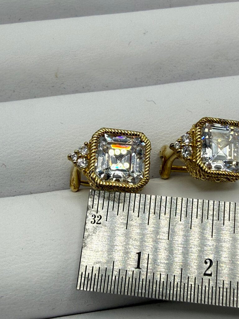 Judith Ripka Earrings Gold over Sterling CZ Asscher Cut Omega Backs /ro
