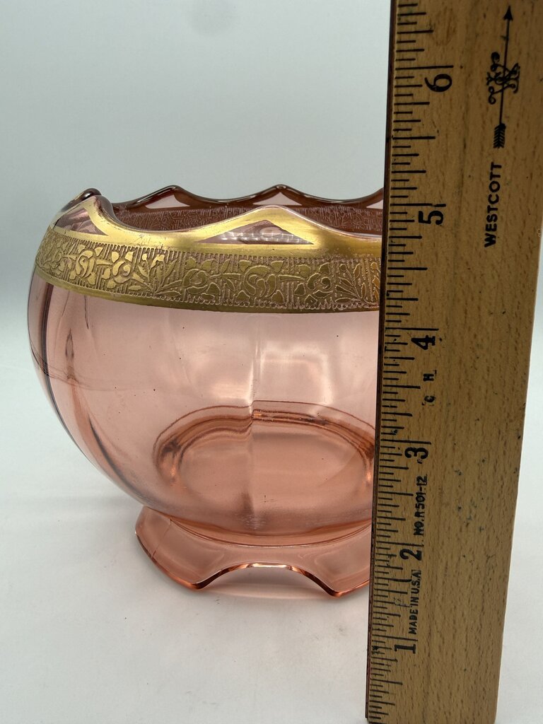 Art Deco Decorative Gold Etched Pink Depression Glass Footed Bowl /ro