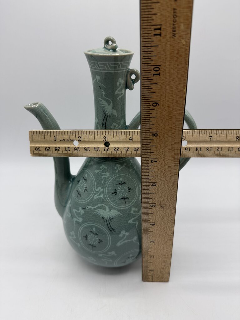 VTG Korean Celadon Green Flying Crane Tea Pot /rw