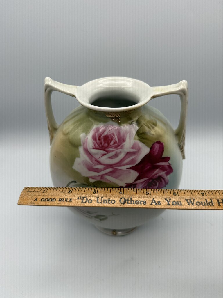 VTG Hand Painted Nippon Double Handel Vase W/Roses /ro