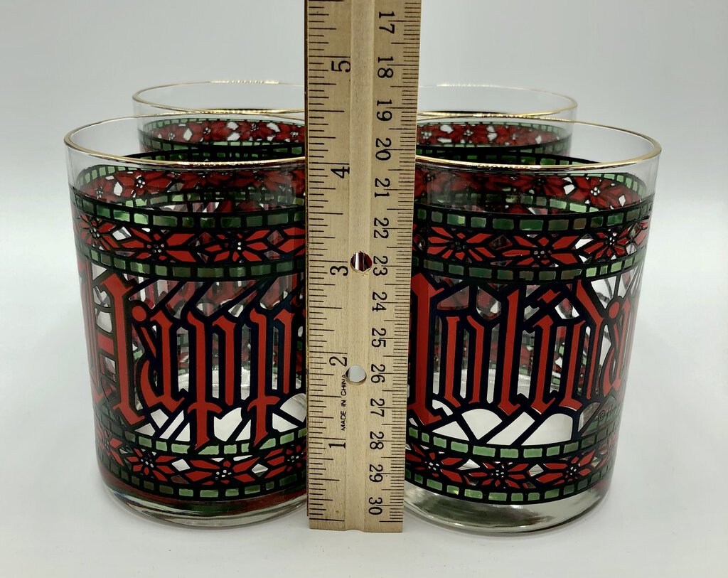 Set of 4 Vintage Houze Happy Holidays Dbl Old Fasion Glasses /b