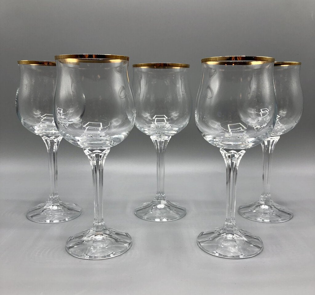Vintage Bohemia Crystal “Geneve” Wine Goblet w/ 14K Rim Set of 5. /b