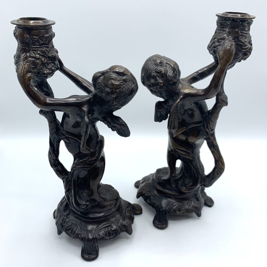 Vintage Bronze Art Nouveau-Style Cherub Candlesticks /hg