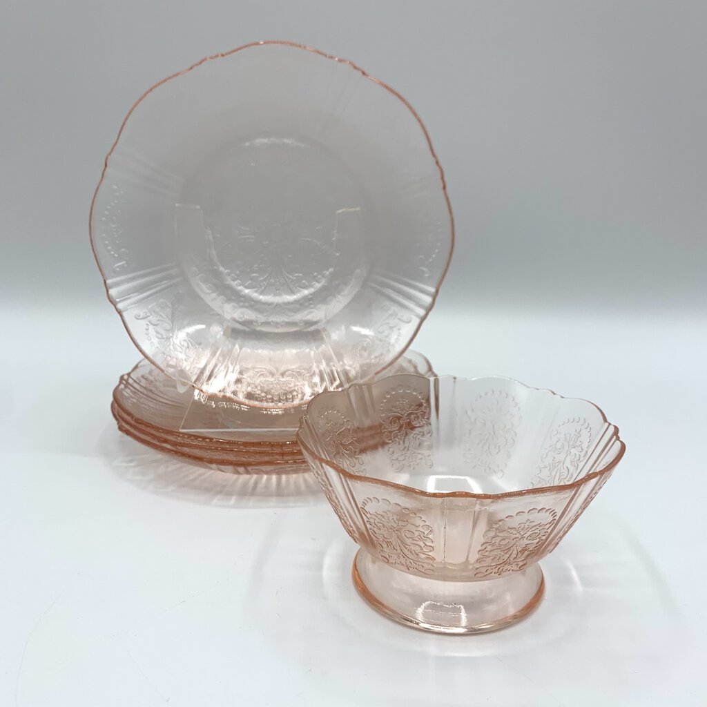 Vintage MacBeth-Evans “American Sweetheart” Saucers Set of 4 PLUS Bonus Low Sherbet Bowl, Depression Glass /hg