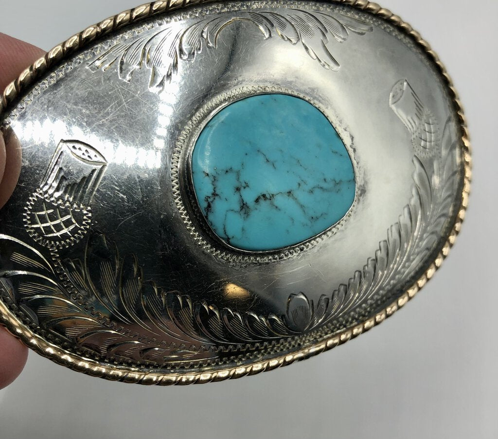 Vintage Comstock Silversmiths Silver & Turquoise Western Belt Buckle /b
