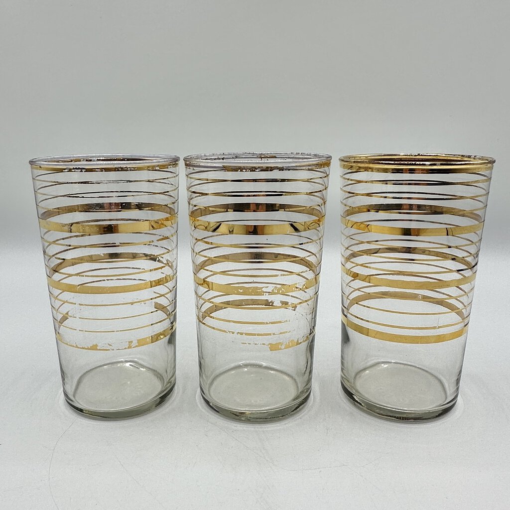 Set Of 3 MCM 4 1/2” Highball Glasses Gold Band Vintage Barware /cb