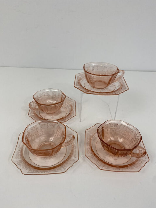 Vintage Anchor Hocking Princess Pink Depression Glass Set of 4 Cups and Saucers /ro