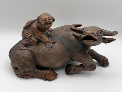 Vtg Chinese Hand Carved Wood Boy Riding Ox/ Water Buffalo /b