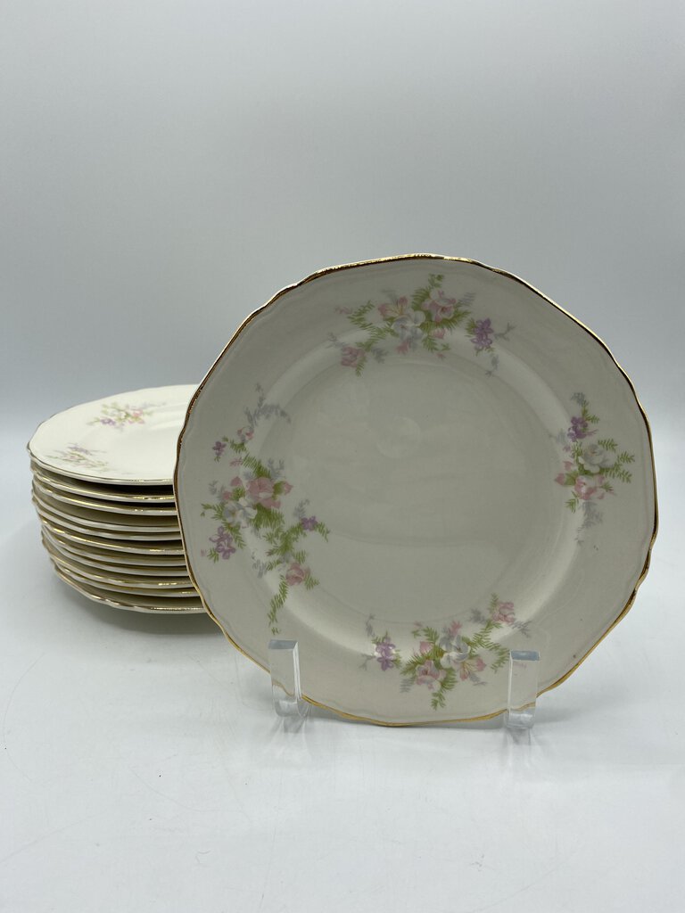 Crown Potteries 7” Dessert Plates set of 12 Pink & Lavender Flowers /rb