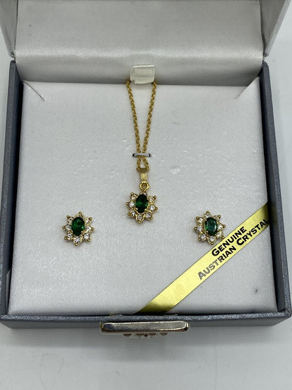 Worthington Emerald Green Austrian Crystal Gold Tone Necklace Earring Gift Box /ro