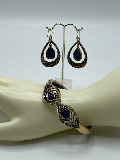 BARSE Dangle Tear Drop Pierced Earrings Blue Stone & Bracelet /ro