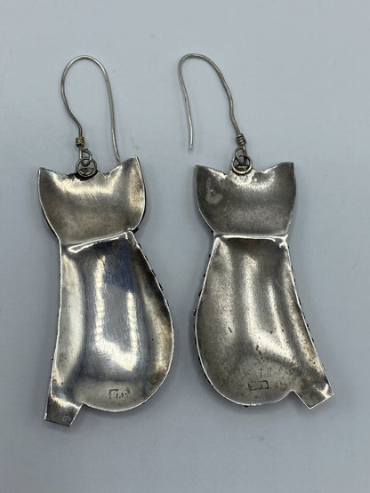 Balinese Sterling Silver Kitten Dangle Earrings 1.5” /ro