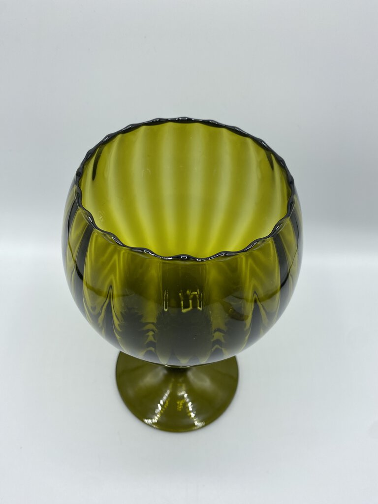 VTG Empoli Olive Green Glass Pedestal Optic Ribbed Ruffle Edge Compote /rw