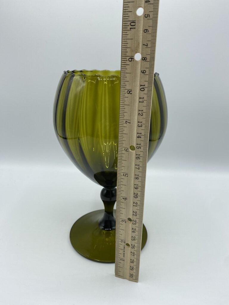 VTG Empoli Olive Green Glass Pedestal Optic Ribbed Ruffle Edge Compote /rw