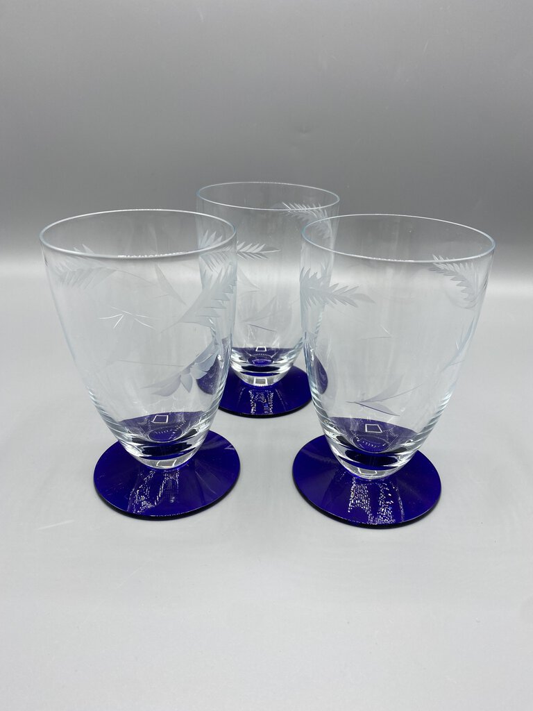 Set of 3 Louie Weston Optic Crystal Cobalt Blue Base 5” Tea Glasses /rb