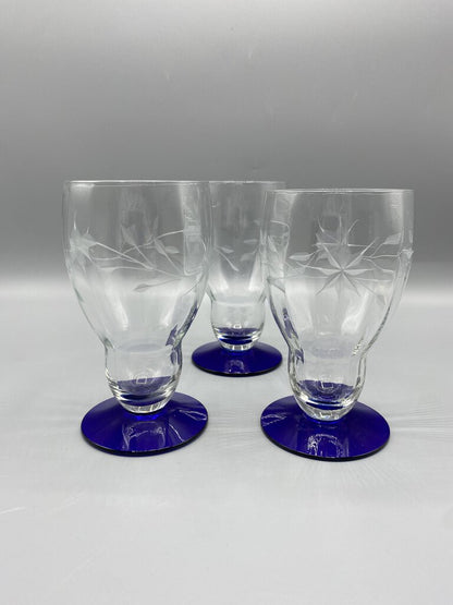 Vintage Louie Weston set of 3 Etched Optic Glass Cobalt Blue Base Water/Wine Glasses /rb