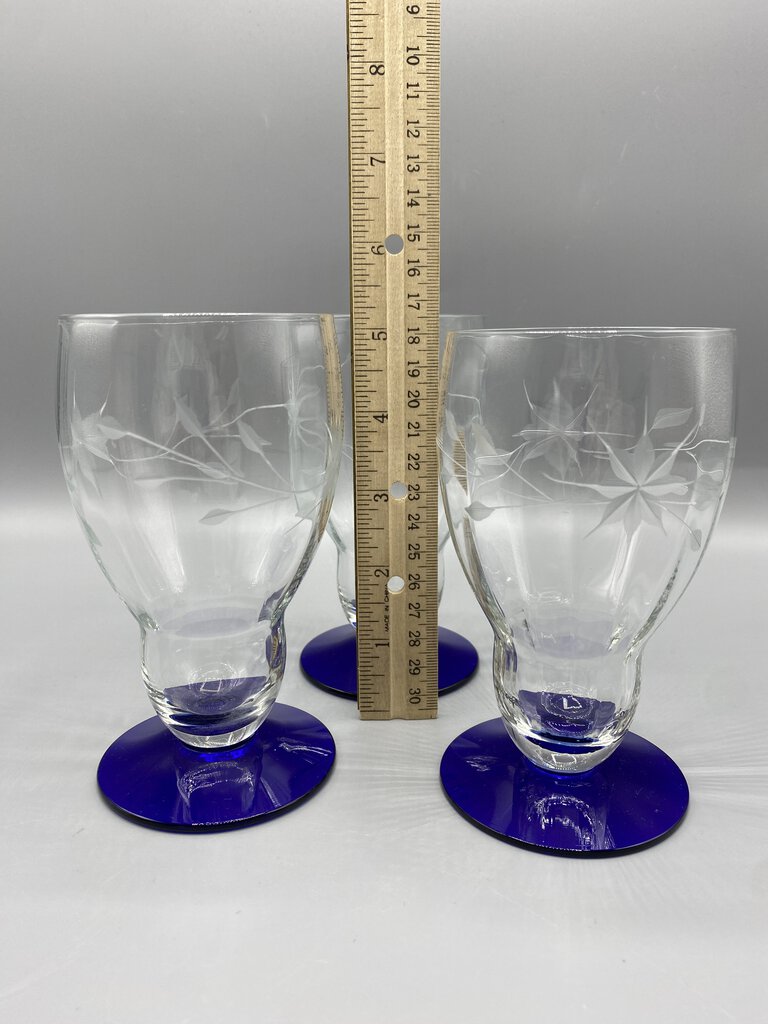 Vintage Louie Weston set of 3 Etched Optic Glass Cobalt Blue Base Water/Wine Glasses /rb