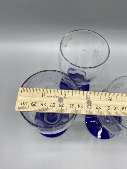 Vintage Louie Weston set of 3 Etched Optic Glass Cobalt Blue Base Water/Wine Glasses /rb