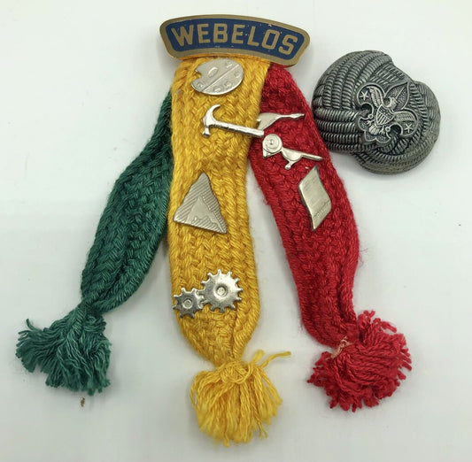 Vintage BSA Boy Scout Weeblos Merit Pin Ribbons & Scarf Slide /b