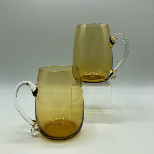 Pair Cambridge Glass Beer Stein Mugs 3400/116 Blown Amber w/ Crystal Handle /b