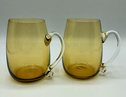 Pair Cambridge Glass Beer Stein Mugs 3400/116 Blown Amber w/ Crystal Handle /b