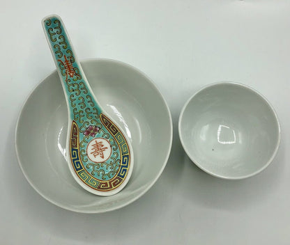 Set of 3 Vintage Mun Shou Chinese Porcelain Bowl & Spoon Set /b