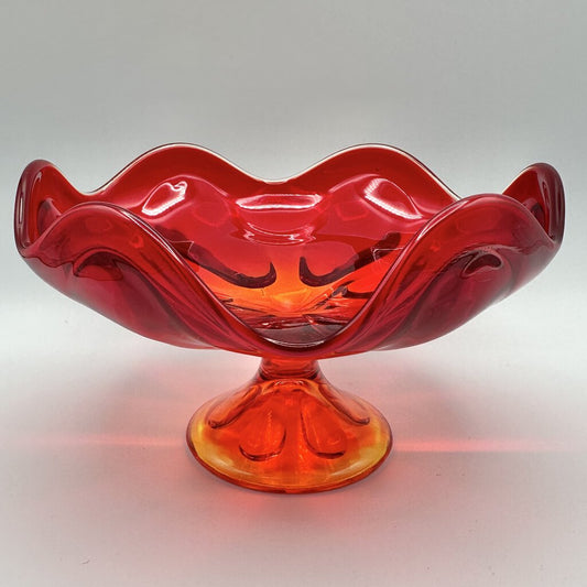 Vintage VIKING Glass Epic 6 Petal Persimmon Amberina Pedestal Compote /cb