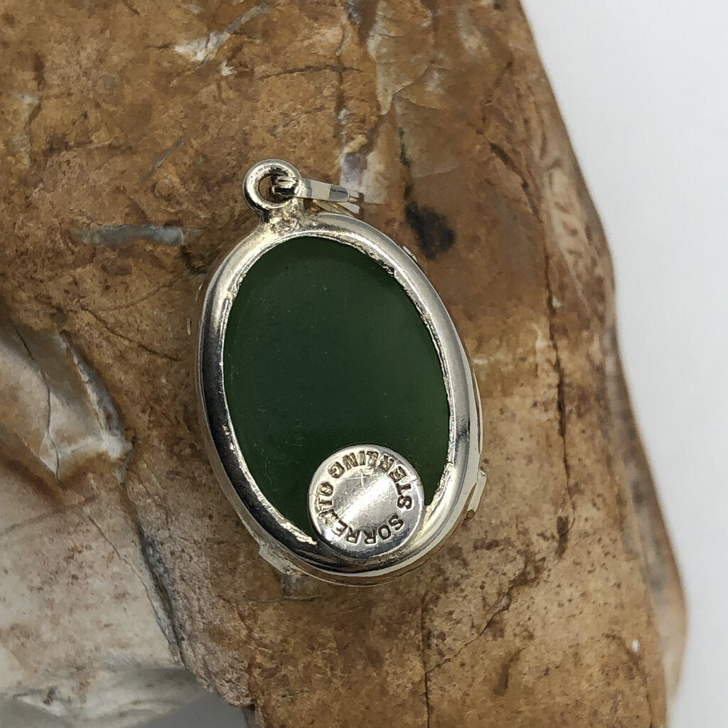 Vtg Sorrento Sterling Silver & Jade Cabochon Pendant /b