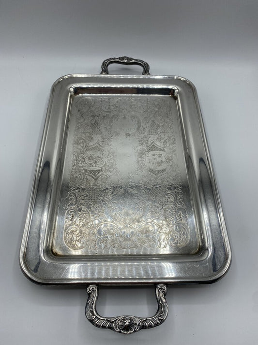 Classic Footed Silver Plate Embossed Handled Tray 13.25” x 9.75” /rw