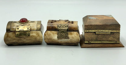 Vintage Brass/ Wood/ Bone Velvet Lined Trinket/ Ring Boxes India /b