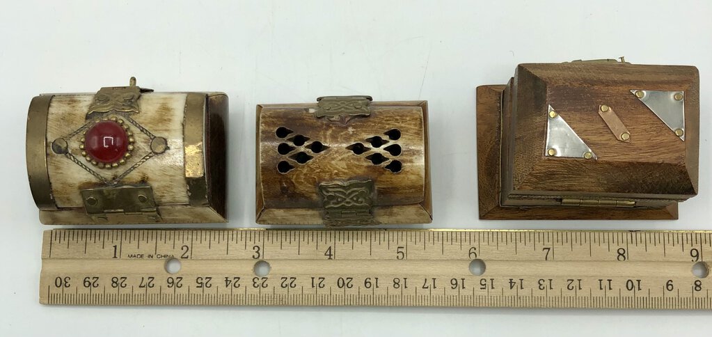 Vintage Brass/ Wood/ Bone Velvet Lined Trinket/ Ring Boxes India /b