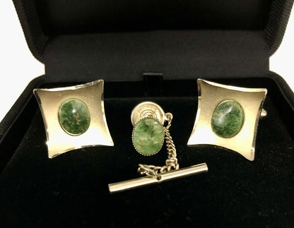 1950’s JML Green Jade 12K GF Cufflink & Tie Tack Set /b