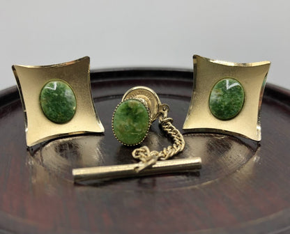 1950’s JML Green Jade 12K GF Cufflink & Tie Tack Set /b