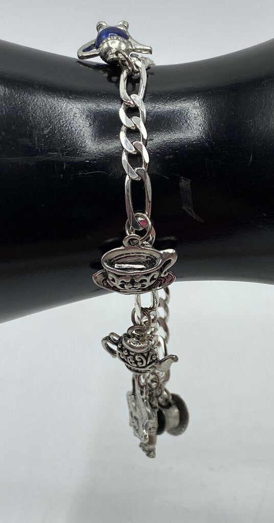 Sterling Silver .925 Charm Link Bracelet 8 Tea Cup/Pot Charms 7.25” /ro