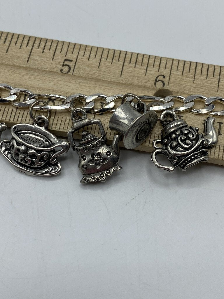 Sterling Silver .925 Charm Link Bracelet 8 Tea Cup/Pot Charms 7.25” /ro