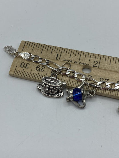 Sterling Silver .925 Charm Link Bracelet 8 Tea Cup/Pot Charms 7.25” /ro