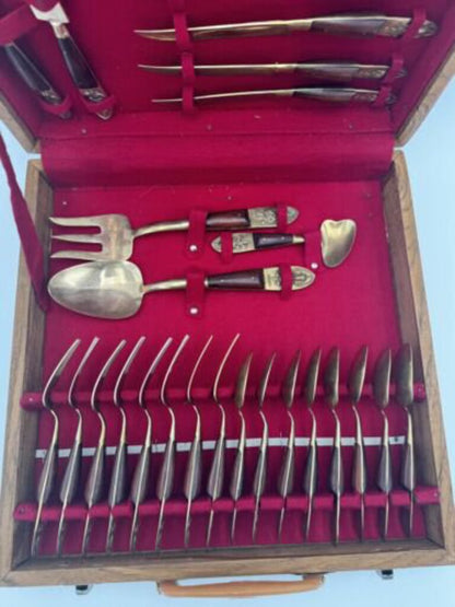 Thailand Buddha Teak And Bronze Flatware Set