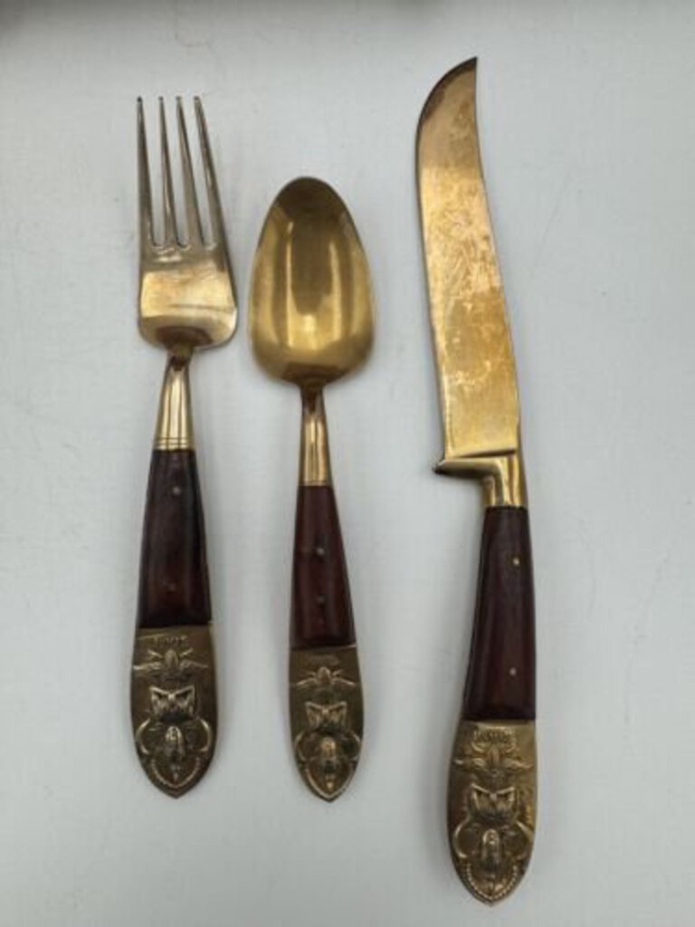 Thailand Buddha Teak And Bronze Flatware Set