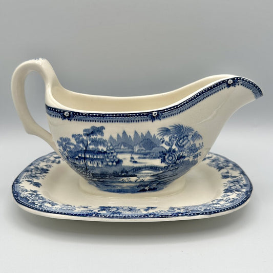 Vintage Royal Staffordshire TONQUIN BLUE By Clarice Cliff Gravy Boat With Attached Underplate /cb