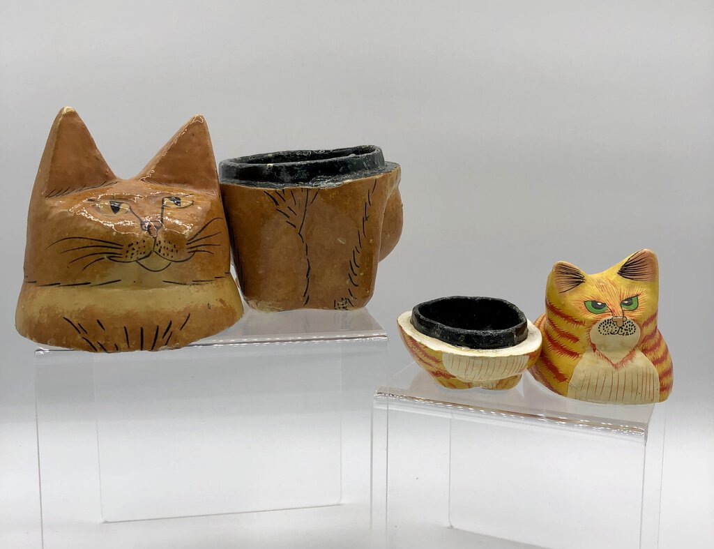 2 Handmade Paper Mache Cute Cat Containers /b