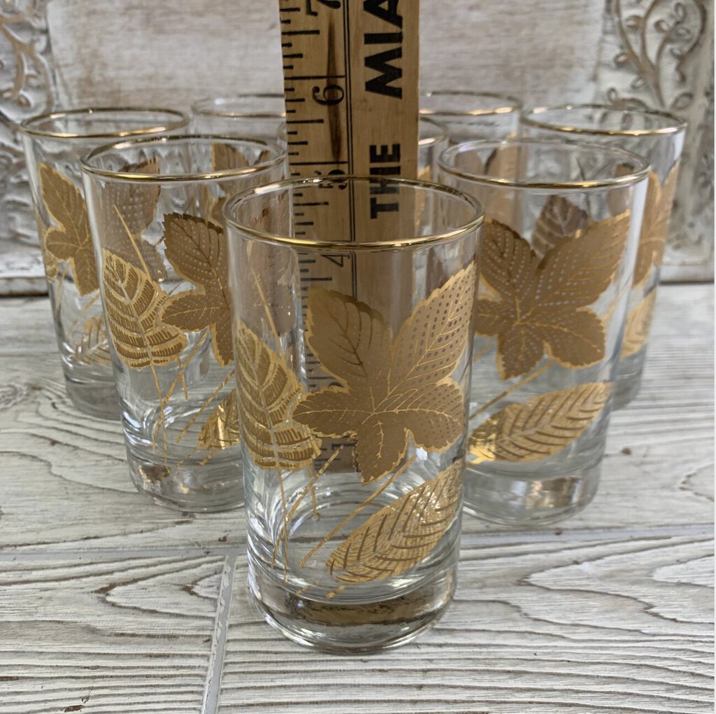 MCM Libbey Gold Leaf Highball Glasses/Tumblers Set of 8 /cb