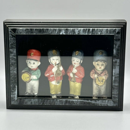 4 Vintage Bisque Penny Doll Band Musicians in Shadow Box /cb